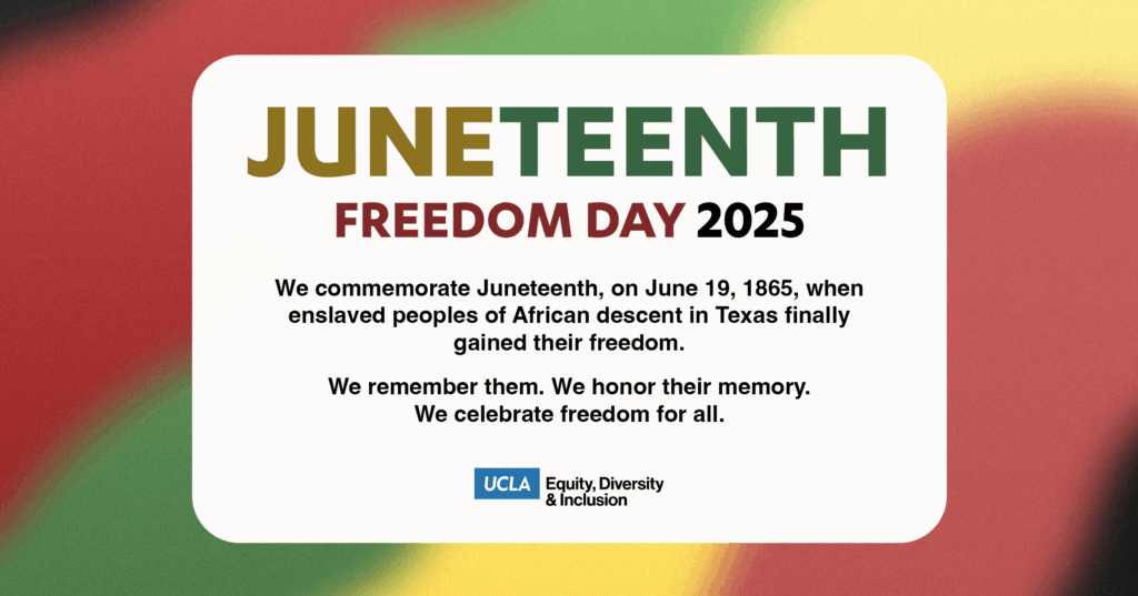 graphic commemorating juneteenth freedom day 2025. we commemorate juneteenth, on june 19, 1865, when enslaved peoples of african descent in texas finally gained their freedom. we remember them. we honor their memory. we celebrate freedom for all.